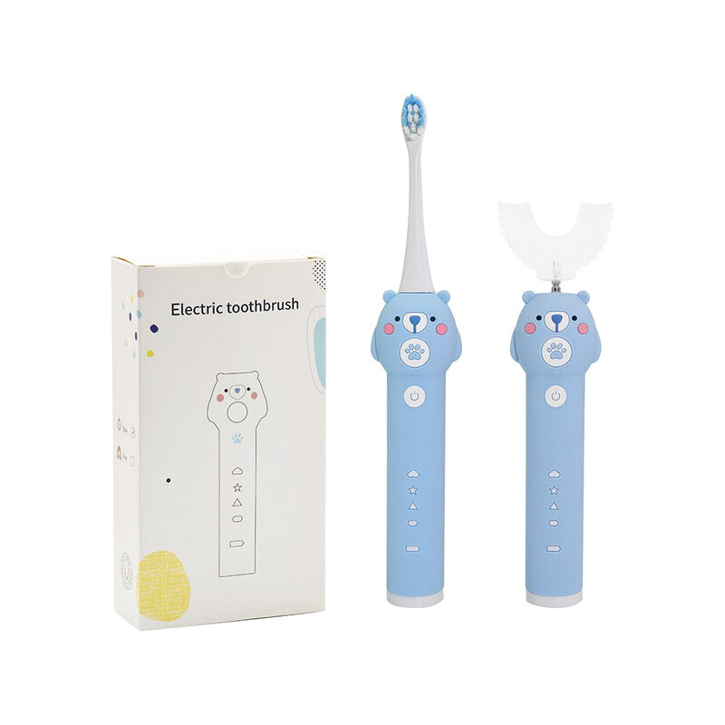 Brosse à dents électrique pour bébés ours bleu pour enfants - 2 têtes de brosse (brousse douce) Brosse à dents à son sans étanchéité avec 3 modes pour enfants 3-15 ans Kit de soins buccaux