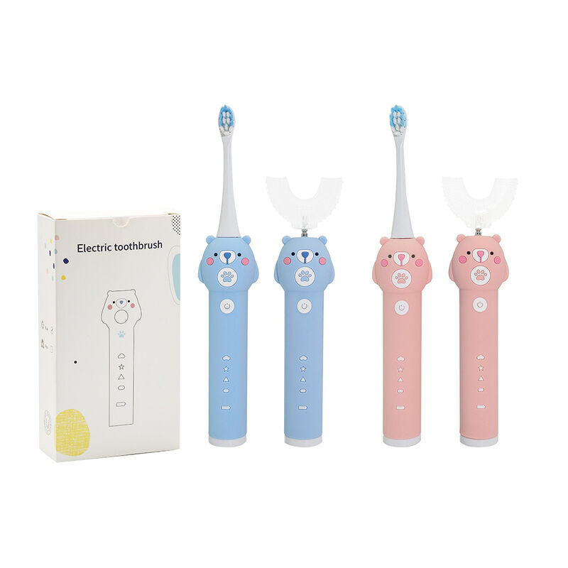 Brosse à dents électrique pour bébés ours bleu pour enfants - 2 têtes de brosse (brousse douce) Brosse à dents à son sans étanchéité avec 3 modes pour enfants 3-15 ans Kit de soins buccaux